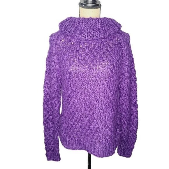 Chelsea & Theodore Purple Chunky Loose Knit Rolled Turtleneck Sweater - Picture 1 of 11